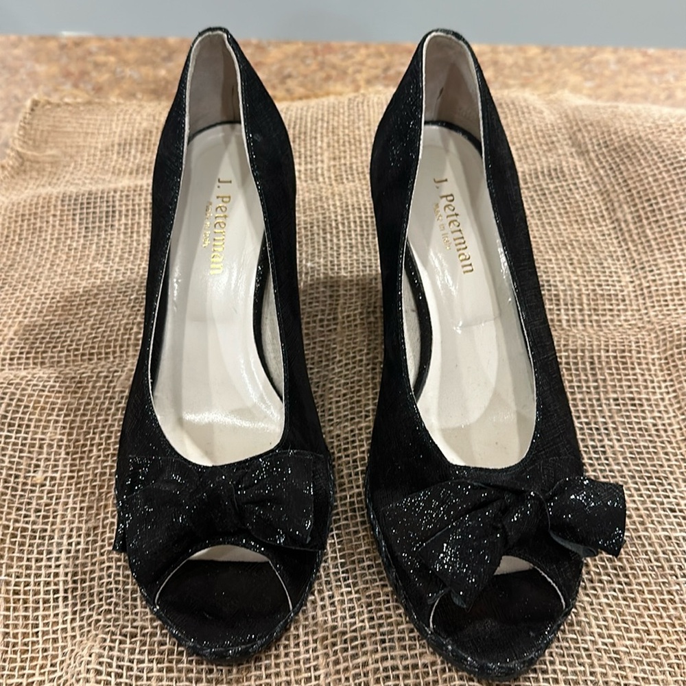 J Peterman Womens Black Wedge Espadrille Peep Toe Shoes Size 8.5 Glittery Italy.